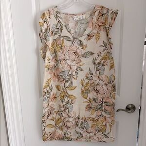 Nicole Miller Floral Print Linen Dress Ruffle Cap Sleeves Soft Peach, Blue